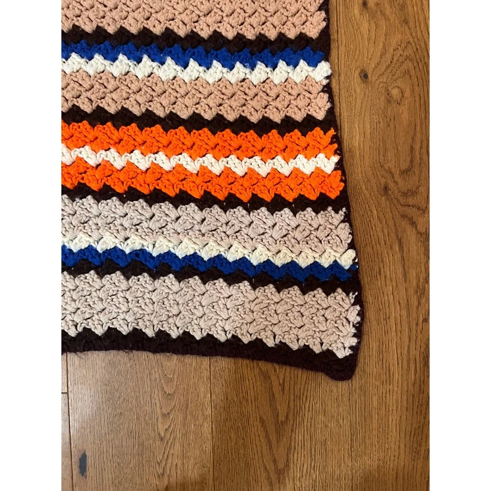 Vintage 70s Crochet Afghan Blanket Throw Orange Blue Tan Stripe Handmade 53x68